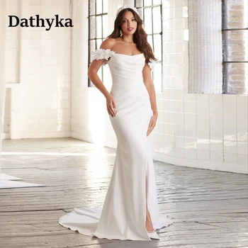Современное свадебное платье Dathyka с высоким разрезом, новинка 2024 года, Труба с открытыми плечами, 3D аппликации, складки на молнии, пуговицы, атлас, сшитый на заказ