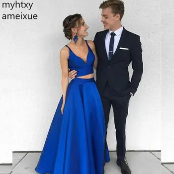 Сексуальные 2023 из двух частей на бретелях, королевские синие атласные вечерние платья трапециевидной формы, вечернее платье для выпускного вечера, платье большого размера, вечернее платье Hi Low