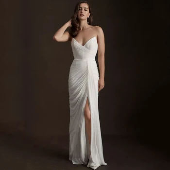Классическое шифоновое свадебное платье без бретелек с V-образным вырезом, складка без рукавов, Сексуальная открытая спина, прямой разрез по бокам, длина до пола, свадебное гражданское платье