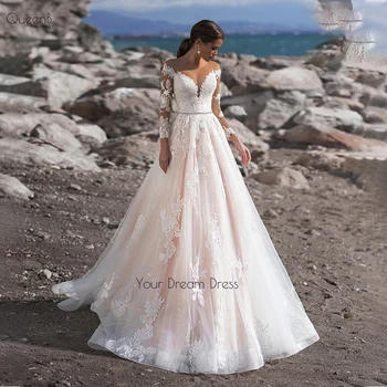 Свадебное платье Принцессы для женщин, платья для невест, сшитые на заказ С длинным рукавом, кружевные аппликации, тюль, пояс с кристаллами, Illsion Robe De Mariee