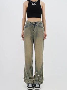 Женские джинсовые брюки в американском стиле винтажного цвета, прямые, с высокой талией, Свободные, повседневные, широкие джинсовые брюки, Уличная одежда 2023 Новинка