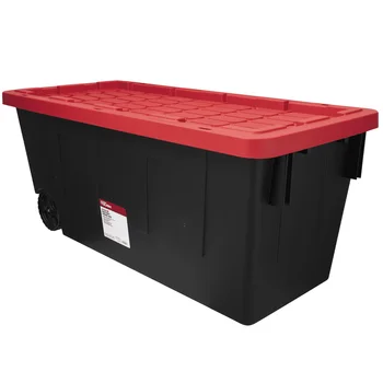 Пластиковый контейнер на колесиках с защелкивающейся крышкой объемом 50 галлонов с красной крышкой