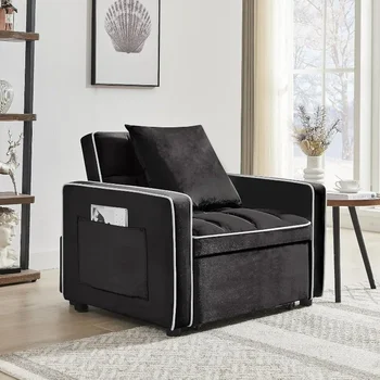 Раскладное кресло-футон 3 в 1 для взрослых, Раскладной диван-кровать на пуговицах с Регулируемой спинкой, Ленивый Шезлонг, Черный 36,61 