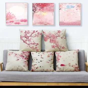 Розовый персиковый цветок в скандинавском стиле, наволочка с цветочным деревом, чехол для дивана, домашний декор, наволочка, наволочка для растений, льняная 45 * 45 см