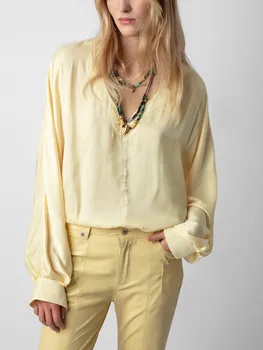 Женская однотонная блузка с длинным рукавом, новинка весны 2024, модное украшение на пуговицах с V-образным вырезом, женский пуловер, атласная рубашка