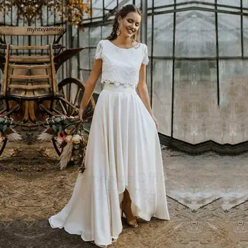 Сексуальные свадебные платья в стиле бохо-двойка Больших размеров 2023, кружевной топ с коротким рукавом, свадебное платье с драгоценным вырезом, пляжное платье Vestidos De Novia Luxury