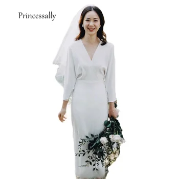 Новое Корейское платье невесты Чайной длины с V-образным вырезом и рукавами 3/4, простой элегантный халат Suknia Slubna, Свадебные платья Mariage, Атлас