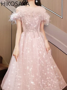 Элегантные Розовые платья для выпускного вечера с аппликацией, открытыми плечами, расшитые бисером, украшенные блестками, с круглым вырезом, на молнии, Вечерние женские платья для вечеринок