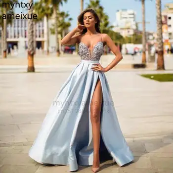 Сексуальное Небесно-голубое атласное вечернее платье 2023 трапециевидной формы с высоким разрезом, кружевные Длинные платья для выпускного вечера, расшитое бисером платье Robe De Soiree на бретелях