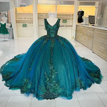 Пышные Пышные платья принцессы изумрудно-зеленый корсет на шнуровке с 3D цветочным рисунком и блестками, шлейф для Выпускного вечера, Vestidos De 15 años