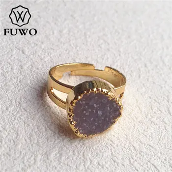 Оптовые продажи FUWO Кольца из натурального друзового кварца, позолоченные кольца с жеодой круглой формы, регулируемый размер, 5 шт./лот RG006