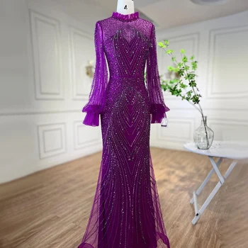Serene Hill Фиолетовая Русалка, Элегантные вечерние платья с высоким воротом, платья 2023, расшитые бисером, роскошь с длинными рукавами для женщин, вечеринка LA71690