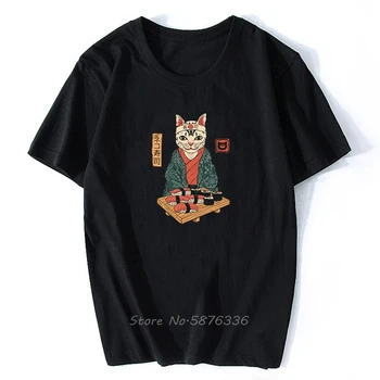 Забавная футболка с изображением японского кота суши, мужская хлопковая футболка с принтом Каваи, черная футболка, мужской топ, футболки с героями мультфильмов Ulzzang