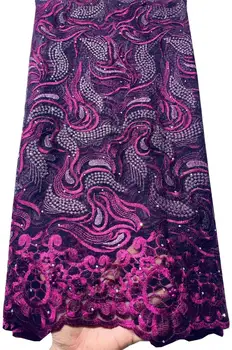 Новейшая Пурпурная Африканская кружевная ткань с вышивкой 2023 г. Высококачественная Французская кружевная ткань из молочного шелка С камнями 5 ярдов ELL8530