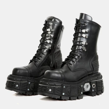 Мужские женские ботильоны на металлической толстой подошве, темно-панковские Кожаные мотоциклетные ботинки на шнуровке с круглым носком в готическом стиле, короткие ботинки 44 г.