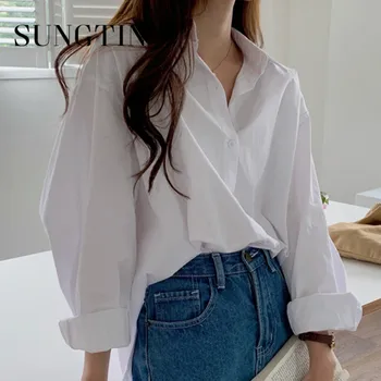 Sungtin Корейская Мода, Однотонные Свободные Блузки, Рубашки для Женщин, Повседневные Белые Блузки На Пуговицах, Базовые Уютные Длинные Рубашки, Топы BF 2023