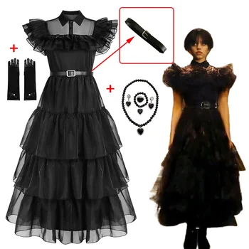 Костюм Аддамс для косплея, черное платье, наряды для детей и взрослых на Хэллоуин, карнавал, танцевальная вечеринка, костюм для женщин и девочек