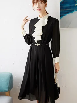 Новое черное шифоновое платье из листьев лотоса с черным грибком, маленькое черное платье с длинными рукавами