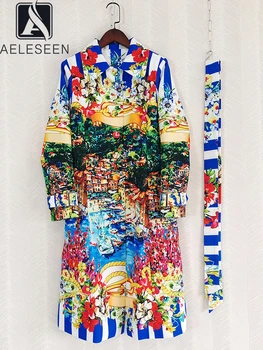 Осенне-зимнее пальто AELESEEN в сицилийском стиле, Женский отложной дизайн, Модный однобортный длинный тренч в полоску с цветочным принтом.