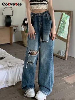 Рваные джинсы Cotvotee для женщин 2022, модная винтажная уличная одежда, широкие брюки с высокой талией, женские прямые брюки Y2k полной длины