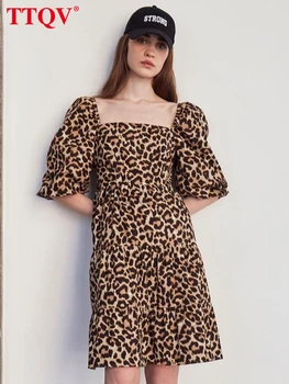 TTQV/ Модное коричневое женское платье с леопардовым принтом, осенние платья с квадратным воротником и коротким рукавом, повседневные платья длиной до колен, уличная одежда