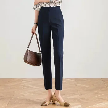 Новые женские брюки для костюма темно-синего цвета с высокой талией и драпировкой, облегающие маленькую фигуру, 9-дюймовые брюки с прямой трубкой для курения