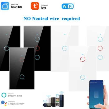 Tuya Wifi Smart Switch Нейтральный Провод/Без Нейтрального Провода Приложение Пульт Дистанционного Управления Сенсорный Выключатель Света US 1/2/3 Работает для Alexa home