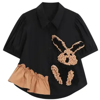 Япония, повседневный стиль Kawaii, отложной воротник, пышные рукава, лоскутные блузки, летние женские однобортные свободные рубашки High Street