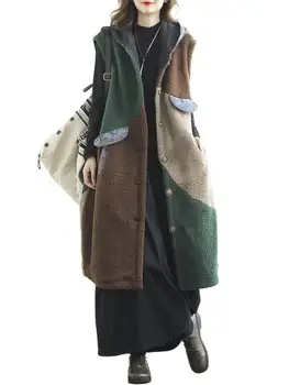 QPFJQD 2024 Зимняя одежда без рукавов, женские винтажные Свободные теплые меховые пальто с капюшоном, женский классический повседневный жилет с подкладкой в стиле ретро
