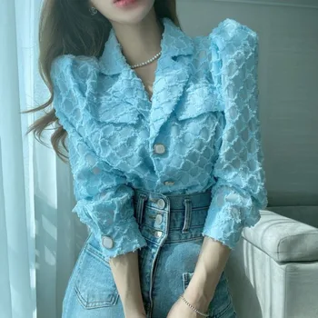 Модные 3D блузки с зазубренными складками, блузки с длинным рукавом, свободные топы, Повседневная Розовая рубашка, Женские рубашки в корейском стиле, Camisas