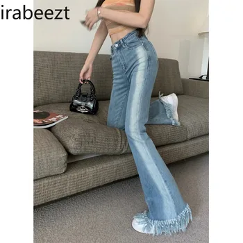 Корейский модный дизайн, старые джинсы с кисточками, выстиранные, женские Зимние брюки-клеш с высокой талией, брюки длиной до пола