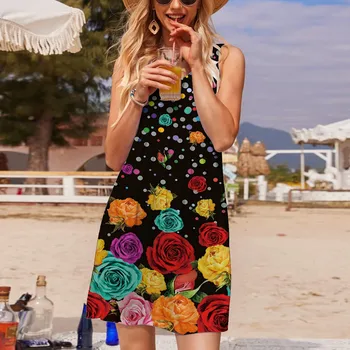 Женское летнее повседневное платье без рукавов с цветочным принтом и круглым вырезом, свободное платье на бретелях, пляжный сарафан в стиле бохо