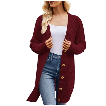 Модный осенне-зимний свитер для женщин 2023 для отдыха, однотонный кардиган средней длины, свитер с длинными рукавами, трикотажная рубашка на пуговицах, топ