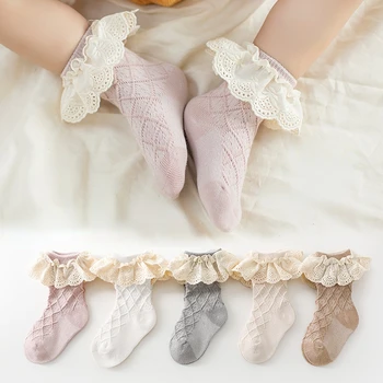 Носки для девочек Lioraitiin с оборками, хлопковые носки до щиколоток с кружевным декором для малышей