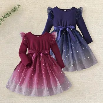 Платье из тюля с градиентом для маленьких девочек, сетчатое платье принцессы с длинными рукавами и блестками, праздничное платье для вечеринки, осенняя детская одежда