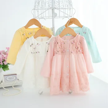 2018 Весенне-осенняя хлопчатобумажная одежда для младенцев, платье для новорожденных девочек, Кружевное платье с милыми цветами для маленьких девочек, Vestido DQ917