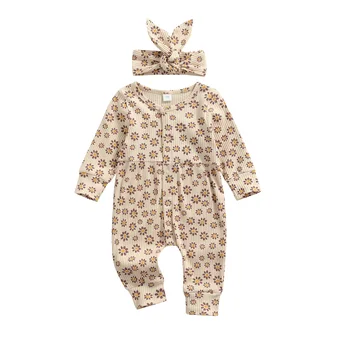 Citgeett, Осенняя повседневная одежда для новорожденных девочек и мальчиков, комбинезон с длинными рукавами с цветочным принтом + повязка на голову с бантом, одежда