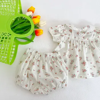 Летние милые комплекты одежды для младенцев с цветочным рисунком, хлопковые наряды для малышей, блузка с кукольным воротником и шорты для маленьких девочек, комплекты из 2 предметов