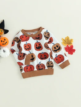 Толстовки с капюшоном на Хэллоуин для мальчиков и девочек, пуловеры с длинными рукавами и принтом тыквы, топы, повседневная осенняя одежда для детей