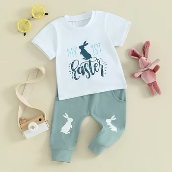 Пасхальные наряды для маленьких мальчиков, толстовка с длинными рукавами с принтом кролика, однотонные эластичные брюки, спортивный костюм, комплект одежды из 2 предметов, весна-осень