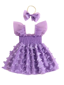 Комплекты из двух предметов для маленьких девочек тюлевое платье принцессы с бабочкой и повязка на голову для летних вечеринок