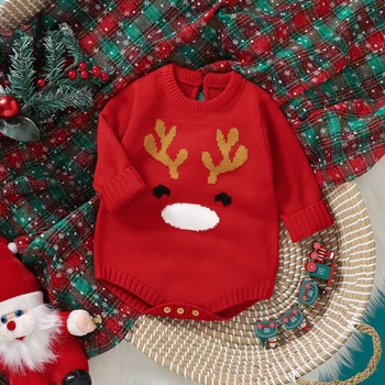 Рождественская трикотажная одежда для маленьких девочек и мальчиков, комбинезон с рисунком Лося с длинным рукавом и круглым вырезом, Трикотажное боди с принтом, Комбинезон для новорожденных, Детский комбинезон