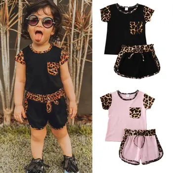 Комплект летней одежды для девочек от 1 до 6 лет, футболки с короткими рукавами, шорты, леопардовый наряд для маленьких девочек