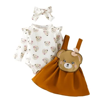 Осенняя одежда для маленьких девочек, зимний комбинезон с длинными рукавами и милым мишкой, комплект с повязкой на голову, юбочные костюмы для младенцев