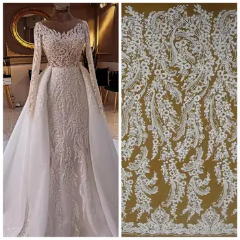 1 Ярд Белого бисерного жемчуга, кружева с хрустальными блестками, Ткань для свадебного платья HY2190-4