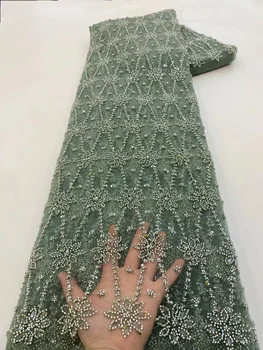 Французское кружево Африканские ткани С последовательностью для свадьбы Bridal Dubai Блестящие хрустальные бусины ручной работы Роскошный Тюль из нигерийского бисера