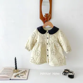 Новые зимние пальто с цветами для маленьких девочек, Мягкий бархат, теплая хлопковая подкладка, элегантные платья для дня рождения, Детская одежда, наряды от 0 до 6 лет