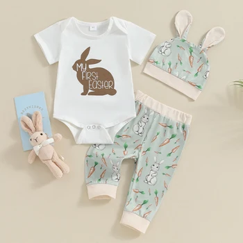 Пасхальные наряды для новорожденных мальчиков, комбинезон с изображением зайчика с коротким рукавом и эластичные штаны с милой шапочкой-кроликом, детский спортивный костюм
