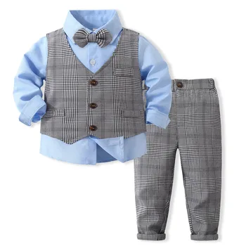 Жилет, комплект одежды для мальчиков, классическая синяя рубашка с клетчатым жилетом + брюки, детские свадебные наряды для джентльменов, Весенне-осенние хлопчатобумажные костюмы