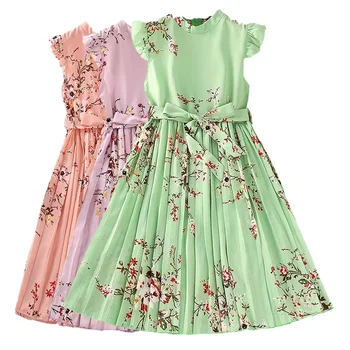 Детские платья с цветочным рисунком для девочек-подростков, летние детские костюмы принцессы, шифоновый сарафан, одежда для маленьких детей 12, 13, 14 лет